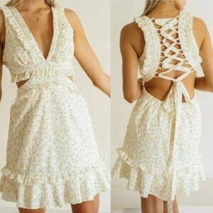 Mable Lexi Eyelet Lace Up Ruffle Cut Out Mini Dress Yellow Floral Size Small